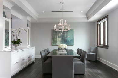 Design ideas for a large enclosed dining room in Tampa with grey walls, dark hardwood flooring and brown floors.
