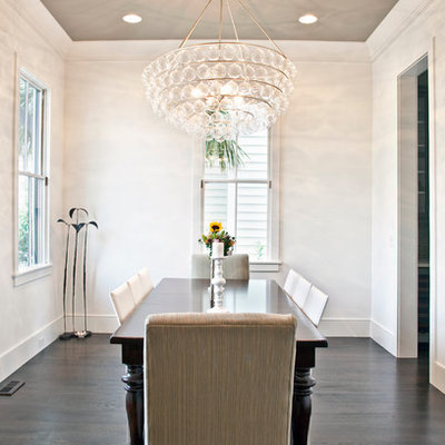 Example of a trendy dark wood floor dining room design in Charleston with white walls