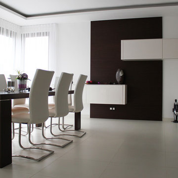 Contemporary living with brown veneer and white lacquer