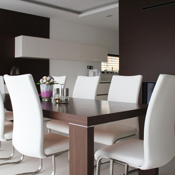 Contemporary living with brown veneer and white lacquer