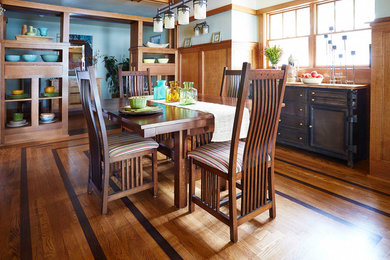 Example of a mid-sized arts and crafts medium tone wood floor enclosed dining room design in Other with white walls