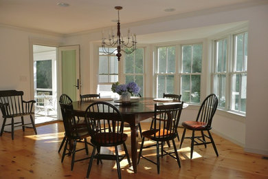 Inspiration for a mid-sized timeless medium tone wood floor and brown floor dining room remodel in Boston with white walls and no fireplace