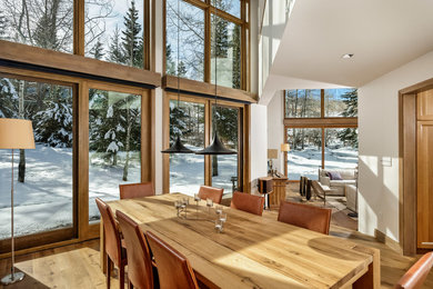 Example of a mid-sized trendy medium tone wood floor enclosed dining room design in Denver with white walls and no fireplace