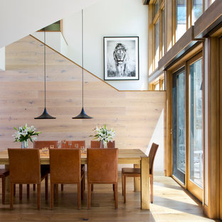 Inspiration for a mid-sized rustic medium tone wood floor dining room remodel in Denver with white walls and no fireplace
