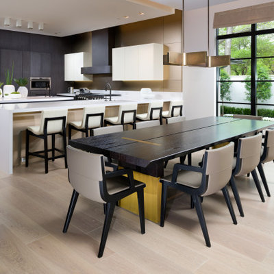 Kitchen/dining room combo - huge contemporary beige floor kitchen/dining room combo idea in Dallas with white walls