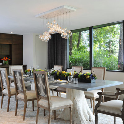 Large trendy dark wood floor and brown floor enclosed dining room photo in San Francisco with beige walls