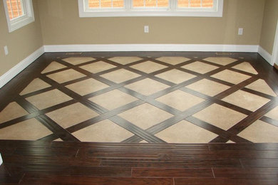 Mid-sized elegant medium tone wood floor and brown floor dining room photo in Other with beige walls and no fireplace