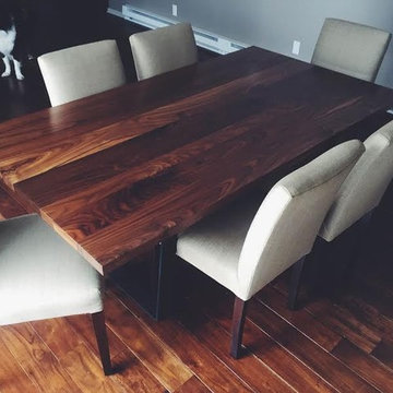 Custom Made Solid Walnut Wood Dining Table with Black Trapezoid Steel Legs