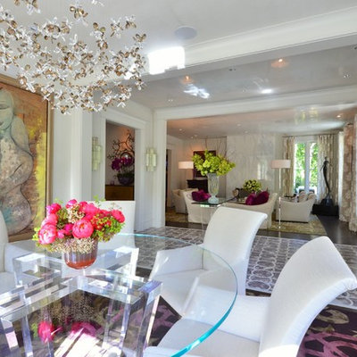Trendy dark wood floor great room photo in Dallas with white walls and no fireplace