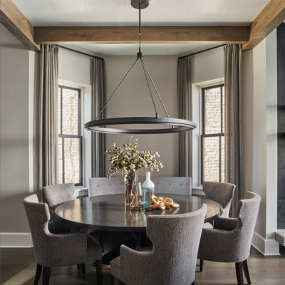 Inspiration for a large contemporary dark wood floor and brown floor great room remodel in Chicago with gray walls and no fireplace