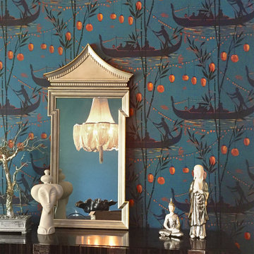 Dark Blue Chinoiserie Wallpapered Dinng Room