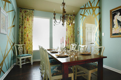 Aménagement d'une salle à manger contemporaine fermée et de taille moyenne avec un mur bleu, parquet foncé, aucune cheminée et un sol marron.