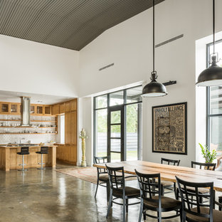 Idee per una grande sala da pranzo aperta verso la cucina industriale con pareti bianche e pavimento in cemento