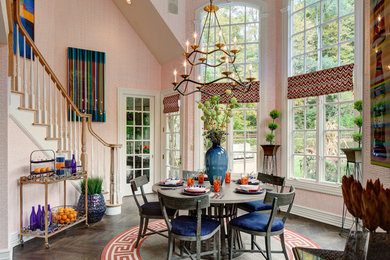 Mid-sized eclectic dark wood floor kitchen/dining room combo photo in New York with orange walls and no fireplace