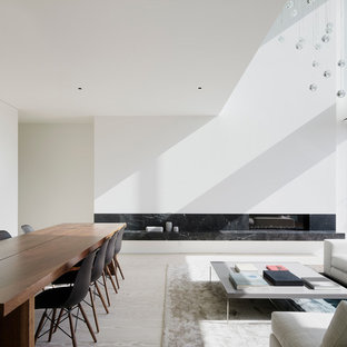 Example of a mid-sized minimalist light wood floor great room design in San Francisco with white walls, a ribbon fireplace and a stone fireplace