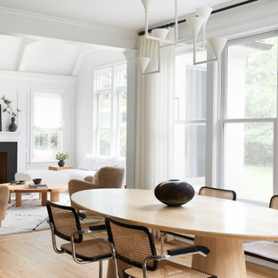 Danish light wood floor and beige floor great room photo in Philadelphia with white walls