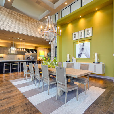 Inspiration for a large contemporary medium tone wood floor great room remodel in Dallas with green walls