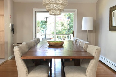 Inspiration for a transitional medium tone wood floor and brown floor enclosed dining room remodel in Boston with beige walls