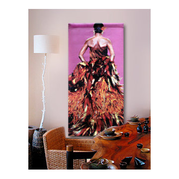 Dining room featuring de Young Musuem  YSL Feather Dress Banner