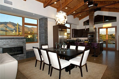 Kitchen/dining room combo - mid-sized modern ceramic tile kitchen/dining room combo idea in Phoenix with gray walls, a ribbon fireplace and a stone fireplace