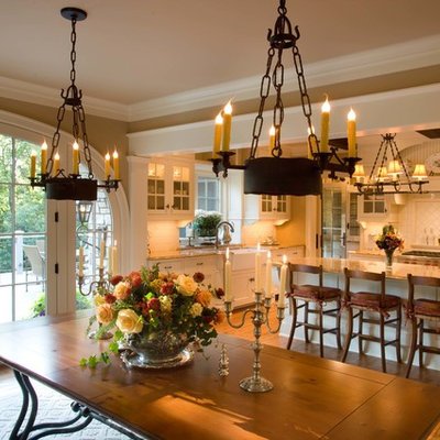 Example of a classic medium tone wood floor and brown floor kitchen/dining room combo design in Minneapolis