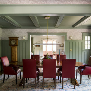 Arts and crafts medium tone wood floor and brown floor enclosed dining room photo in Los Angeles with green walls and no fireplace