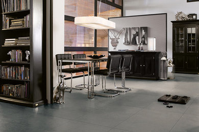 Great room - large contemporary porcelain tile great room idea in Toronto with white walls