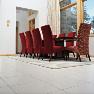 Foto di una grande sala da pranzo aperta verso il soggiorno contemporanea con pareti bianche, pavimento con piastrelle in ceramica, nessun camino e pavimento grigio