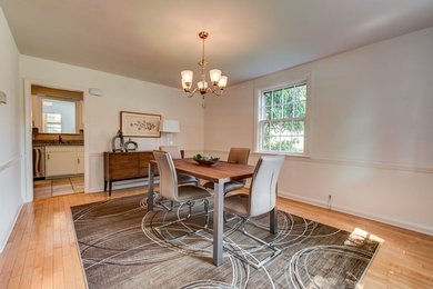 Enclosed dining room - mid-sized transitional light wood floor and brown floor enclosed dining room idea in Philadelphia with white walls and no fireplace