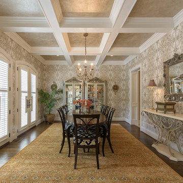 Dining room with coffered ceiling.