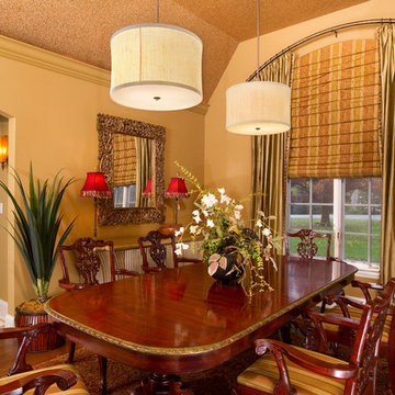Dining Room with Draperies, Drum Chandeliers and Stained Wood Dining Table