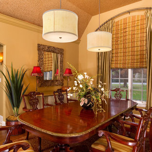 Dining Room with Draperies, Drum Chandeliers and Stained Wood Dining Table