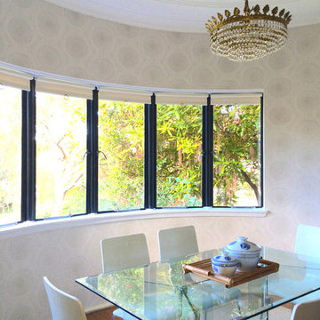Dining room with original Streamline Moderne windows