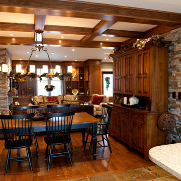 Dining Room, Wood Coffered Ceiling, Stone Detailing, Wood Floors