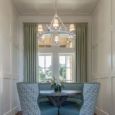 Inspiration for a mid-sized transitional dark wood floor and brown floor enclosed dining room remodel in Dallas with white walls and no fireplace