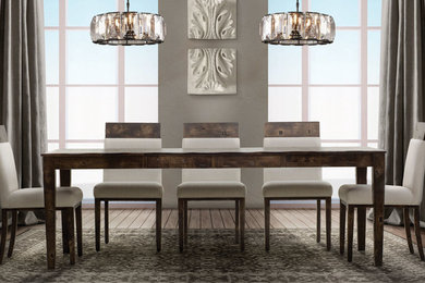 Mid-sized urban medium tone wood floor dining room photo in Detroit with gray walls