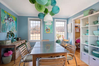 Eclectic dining room photo in New York with blue walls