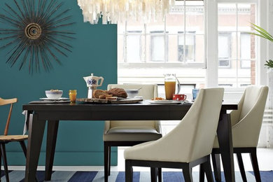 Inspiration for a contemporary kitchen/dining room in Philadelphia with green walls, carpet and blue floors.