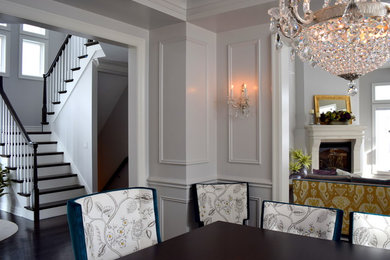 Inspiration for a mid-sized timeless dark wood floor great room remodel in New York with white walls, a standard fireplace and a stone fireplace
