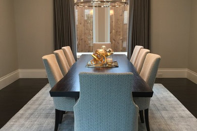 This is an example of a medium sized classic enclosed dining room in Dallas with grey walls, dark hardwood flooring, no fireplace and brown floors.