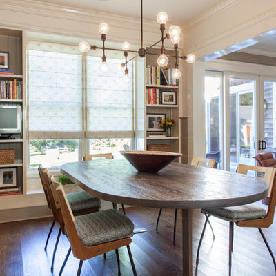 Kitchen/dining room combo - mid-sized contemporary dark wood floor and brown floor kitchen/dining room combo idea in New York with gray walls and no fireplace