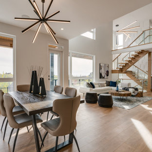 Immagine di una grande sala da pranzo contemporanea con pareti bianche, pavimento in laminato, camino bifacciale, cornice del camino in perlinato e pavimento marrone