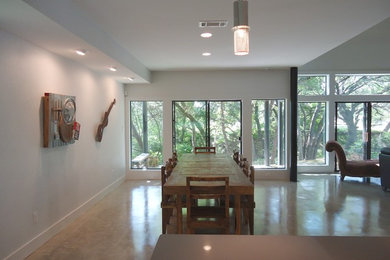 Example of a mid-sized minimalist concrete floor dining room design in Austin with white walls
