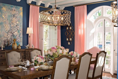 Large elegant dark wood floor and brown floor enclosed dining room photo in Jacksonville with blue walls and no fireplace