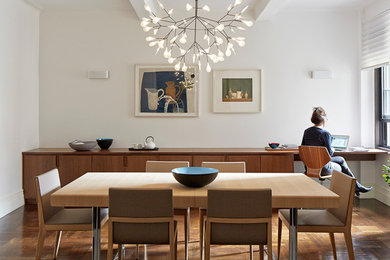 Inspiration for a mid-sized contemporary medium tone wood floor enclosed dining room remodel in New York with white walls