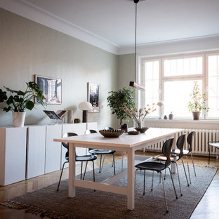 Idéer för att renovera en minimalistisk separat matplats, med gröna väggar, mellanmörkt trägolv och brunt golv
