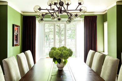 Example of a large transitional dark wood floor enclosed dining room design in Chicago with green walls and no fireplace