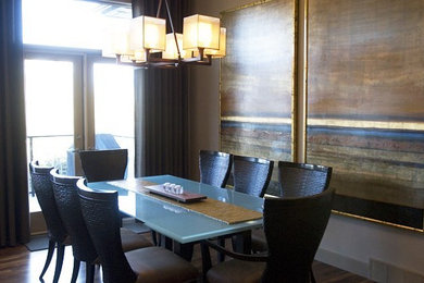 Large minimalist medium tone wood floor great room photo in Calgary with brown walls