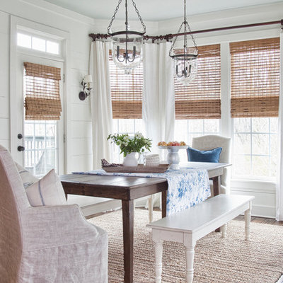 Inspiration for a farmhouse dark wood floor dining room remodel in Atlanta with white walls and no fireplace