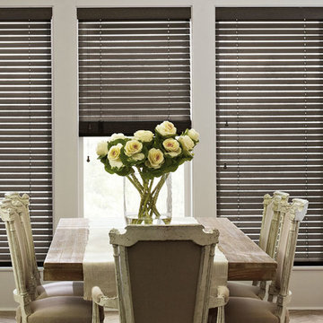 Farmhouse Dining Room with Dark Wood Blinds